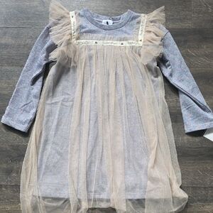 Lavender Knit Long-Sleeve Dress with Cream Tulle Overlay - Kids